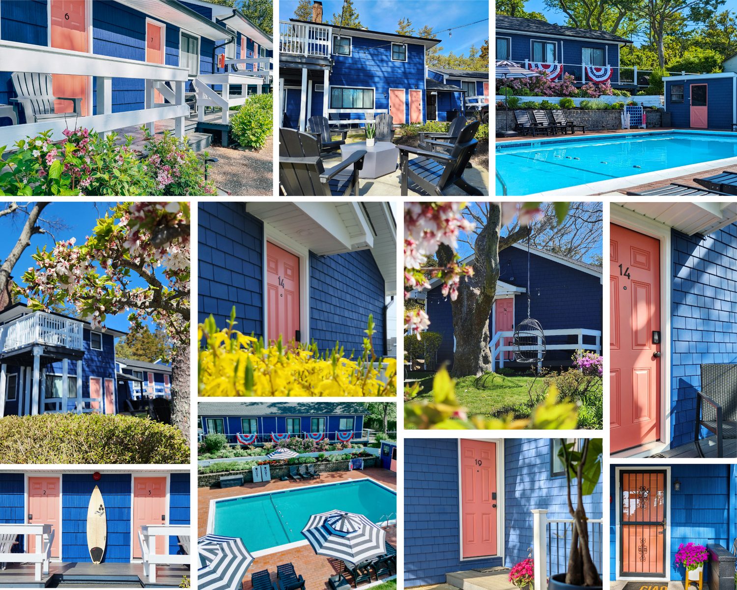 Ocean View Terrace Inn property with dark marine blue exterior and pink doors overlooking Shinnecock Bay in Hampton Bays, NY